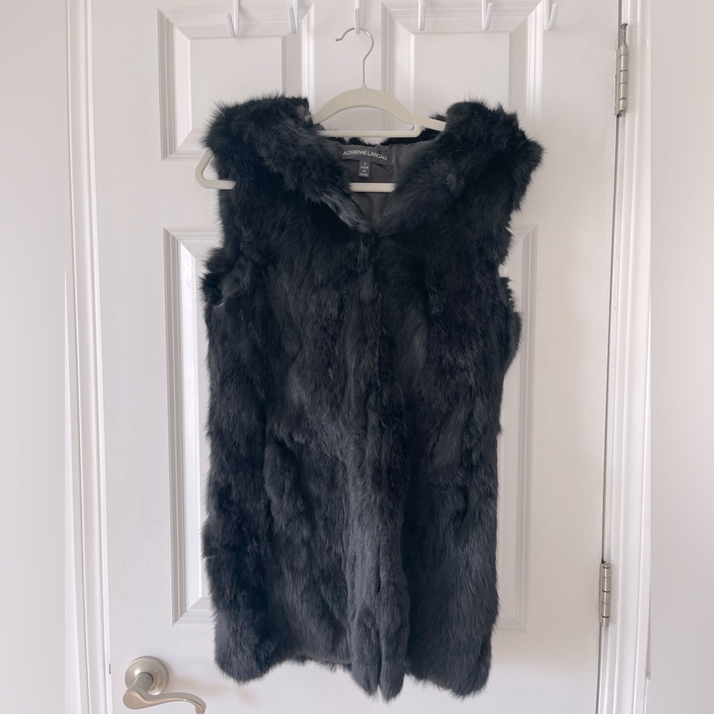 Adrienne Landau black Rabbit Fur hooded vest with pockets size small